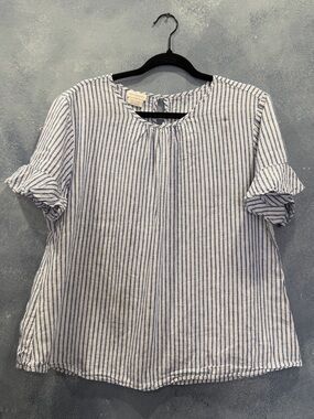 Van Heusen Blue and White Striped Short-Sleeve Blouse XL Linen/Cotton Blend